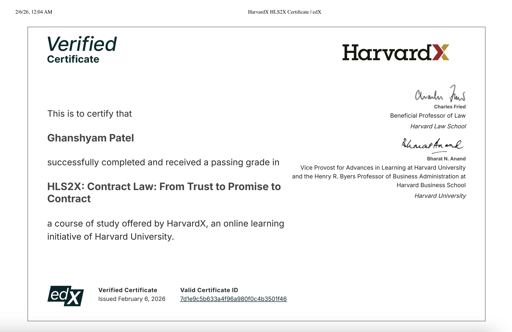HarvardX certificate
